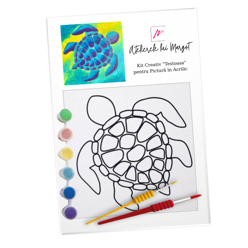 Kit creativ „Țestoasa”, pictură in acrilic, pentru incepatori, pânză 20x20 cm, creeat manual in Atelierele lui Margot