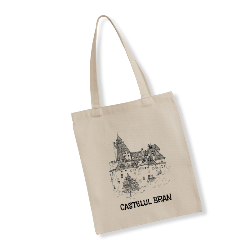 Sacosa din panza de bumbac natur, imprimata Castelul Bran, 41x37 cm