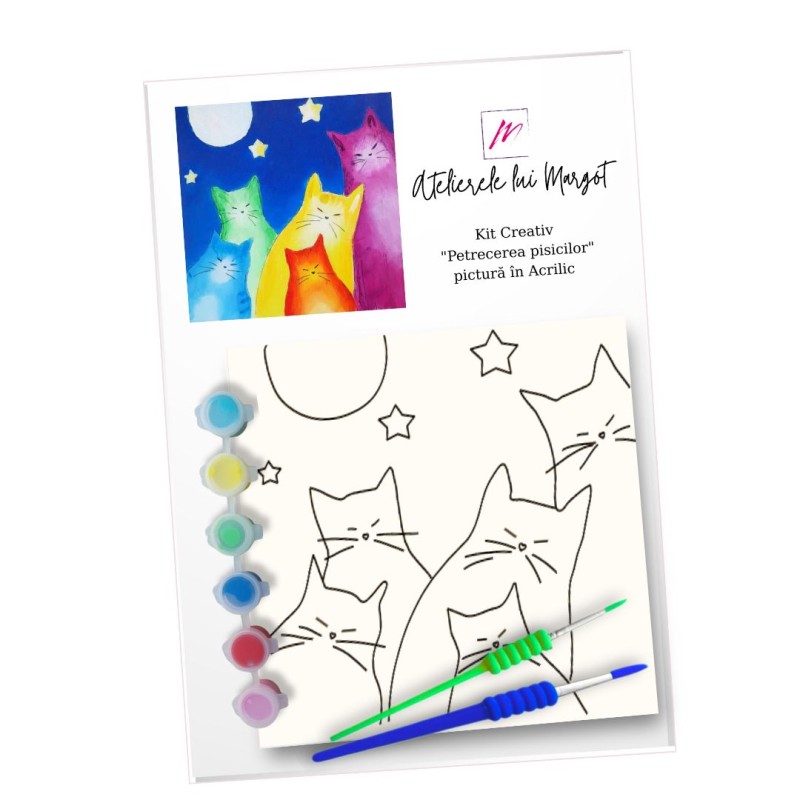Kit creativ „Petrecerea pisicilor”, pictura in acrilic, pentru incepatori, panza 20x20 cm, creat manual in Atelierele lui Margot