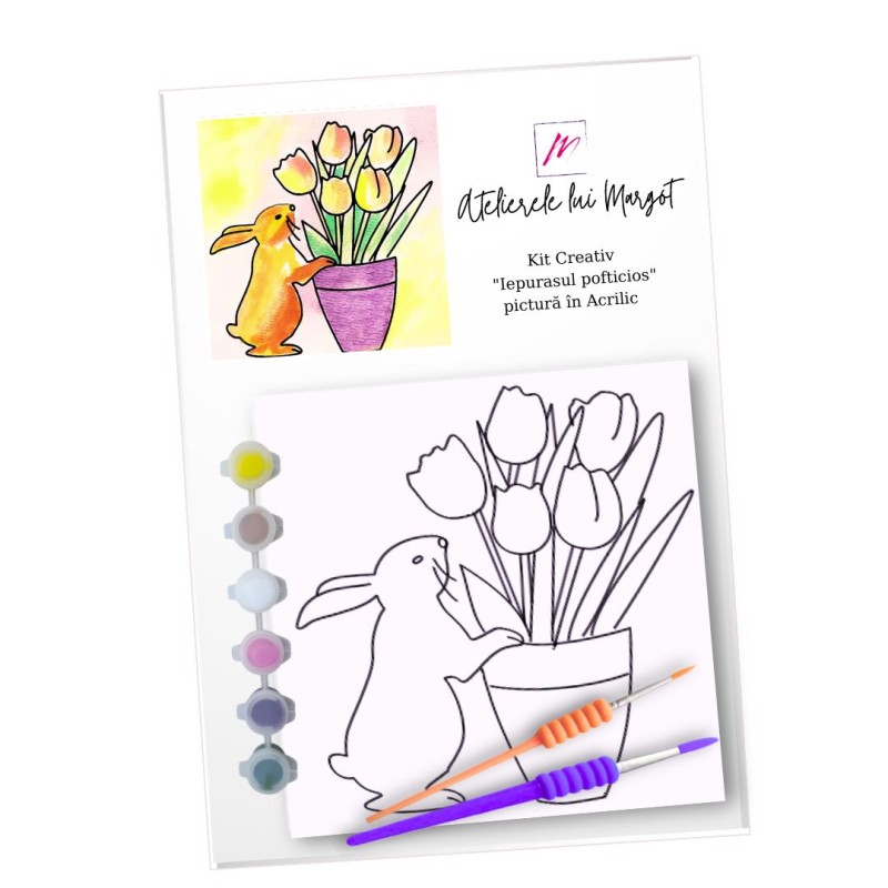Kit creativ „Iepurasul pofticios”, pictura in acrilic, pentru incepatori, panza 20x20 cm, creat manual in Atelierele lui Margot
