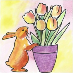 Kit creativ „Iepurasul pofticios”, pictura in acrilic, pentru incepatori, panza 20x20 cm, creat manual in Atelierele lui Margot