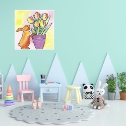 Kit creativ „Iepurasul pofticios”, pictura in acrilic, pentru incepatori, panza 20x20 cm, creat manual in Atelierele lui Margot